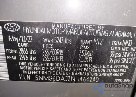 2022 Hyundai Santa Fe Xrt from USA, damaged, VIN 5NMS6DAJ7NH464240